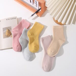 Kids Girls Fashion Spring And Autumn Solid Color Double Needle Cotton Socks 5pair/Set