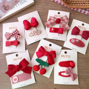 Girl Fashion Red Bowknot Fabric Plaid Hairpin Set