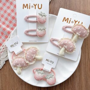 Gurl Fashion Cute Pink Embroidery Strawberry Hairpin Hair Rope Set