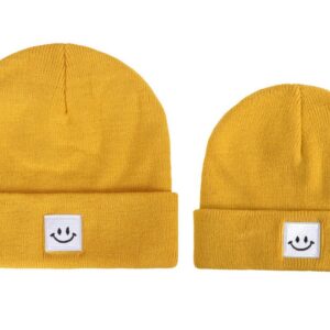 Autumn Winter Simple Solid Color Smiley Label Warm Knitted Parent-Child Wool Hat Set