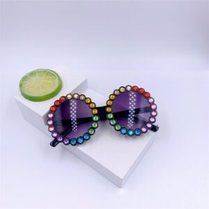 Girls Fashion Round Frame Color Rhinestone Decor Sunglasses