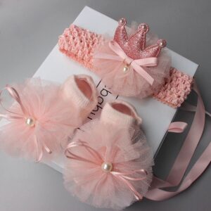 Newborn Casual Cute Crown Flower Mesh Hair Band Socks Set