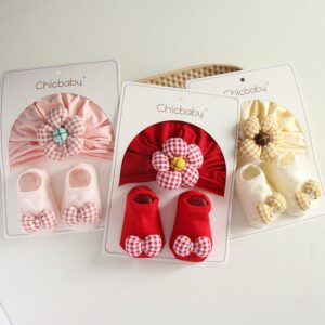 Newborn Casual Cute Flower Bow Plaid Print Hat Socks Set
