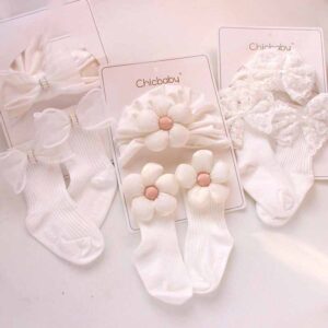 Newborn Casual Cute Bow Crown Flower Hat And Socks Set