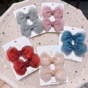 2pcs/set Girls Cute Simple Solid Color Bow Design Hairpin