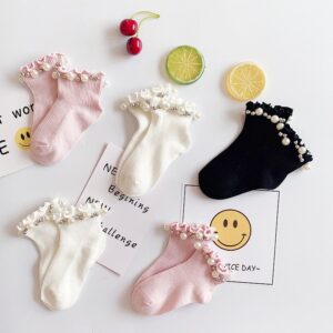 Kids Girls Basic Candy Color Pearl Decor Stringy Selvedge Princess Socks