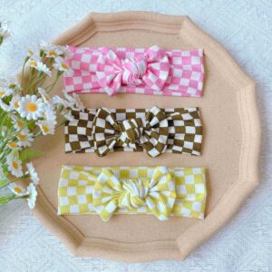 Toddlers Newborn Baby Girls Plaid Printed Bow Headband 3pcs Set