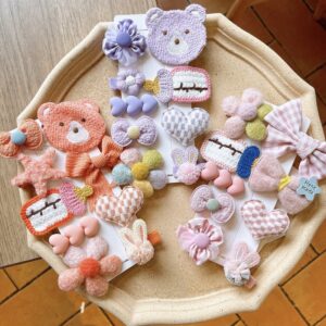 Girls Cute Cartoon Hair Accessories Bow Plush Flower Heart Wool Bear Duckbill Clip Set