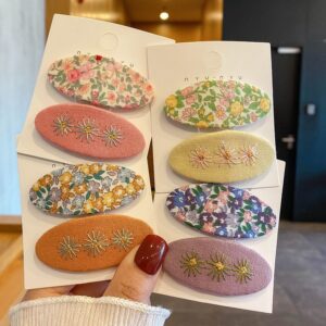 Kids Oval Tiny Flower Embroidered Hair Clip Hair Accessories Set