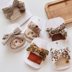 2pcs/set Kids Girls Sweet Bow Oval Square Fabric Knit Hair Accessories Hairpin