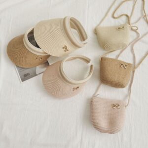 Children Kids Baby Fashion Girls Cartoon Knot Woven Straw Shoulder Bag And Hat