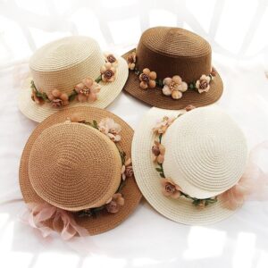 Kids Girls Retro Fake Flower Decor Sun Hat Beach Outdoor Flat Top Straw Hat