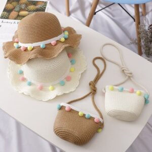 Kids Girls Simple Small Color Pompon Decor Solid Color Sunshade Woven Straw Hat And Bag Set
