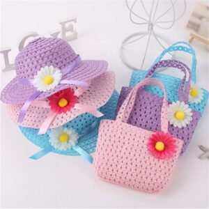 Kids Girls Cute Sunflower Decor Solid Color Straw Hat And Handbag Set