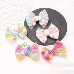 Girls Cute Cartoon Decor Mesh Colorful Pompon Hair Clip