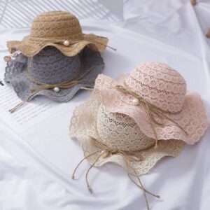 Girls Sweet Hollow Out Wavy Yarn Pearl Shade Straw Hat