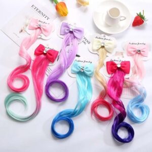 Cute Girl Gradient Color Bow Hair Clips Headdress Ponytail Colorful Wig Pigtail Elastic Kids Headwear