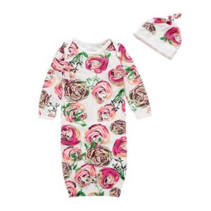 2 Pcs Set Babies Floral Printed Sleep Bag And Hat