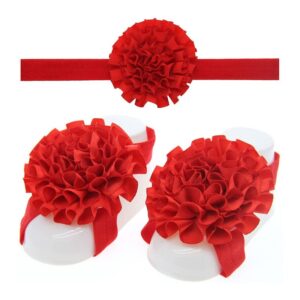 3Pcs Set Baby Girls Solid Color Ruffle Flower Lovely Sweet Headbands And Barefoot Sandals For Toddlers