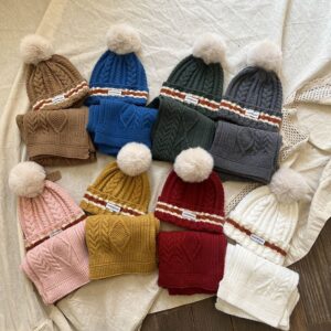 Kids Unisex Autumn And Winter Casual Cute Stripe Fur Ball Knitwear Hat Scarf Sets