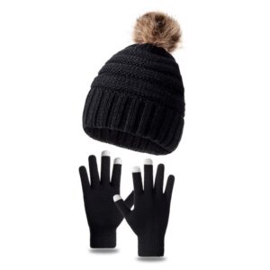 Kids Casual Cute Fur Ball Color Matching Knitwear Gloves Hat Sets