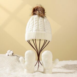 Kids Casual Cute Fur Ball Solid Color Knitwear Gloves Hat Sets