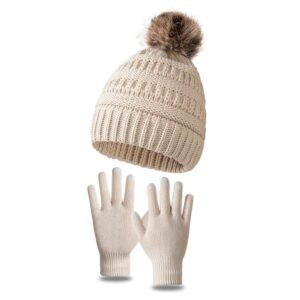 Kids Casual Cute Fur Ball Color Matching Knitwear Gloves Hat Sets