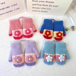 Winter Children Cartoon Color Block Stereo Floral Lanyard Warm Knitted Gloves
