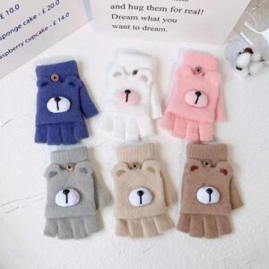 Children Cartoon Cute Half Finger Flap Bear Winter Warm Cold-Proof Gloves