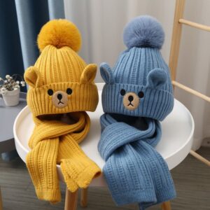 Kids Unisex Autumn Winter Fashion Casual Cute Solid Color Carto Bear Hat Scarf Two Set