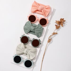 Children Kids Baby Fashion Girls Solid Color Bowknot Elastic Headband And Sunglasses Set
