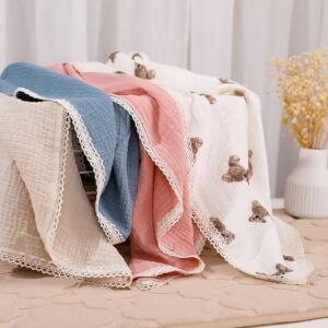 Baby Double-Layer Solid Color Swaddle Blanket Cotton Muslin Swaddles With Lace Edge(80*65cm)