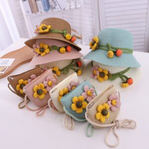 Children Kids Baby Fashion Sunflower Straw Hat Crossbody Bag