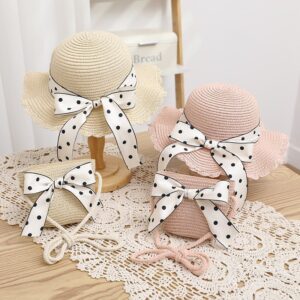 Children Kids Baby Fashion Polka Dots Print Bowknot Straw Hat Crossbody Bag