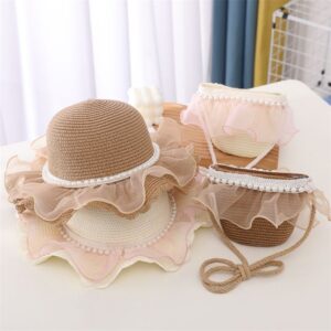 Children Kids Baby Fashion Lace Pearl Straw Hat Crossbody Bag