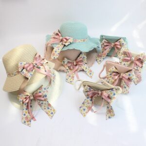 Children Kids Baby Fashion Girls Cartoon Floral Print Bowknot Woven Straw Shoulder Bag And Hat