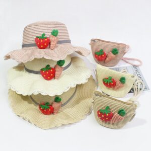 Children Kids Baby Fashion Girls Cartoon Strawberry Woven Straw Shoulder Bag And Hat