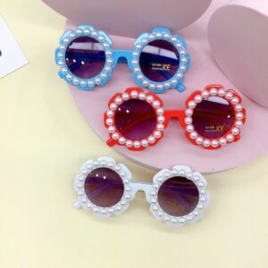 Children Kids Baby Fashion Girls Retro Sun Flower Pearl Sunglasses