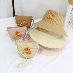 Kids Fashion Beach Shade Sunscreen Straw Hat Dragonfly Straw Bag Set
