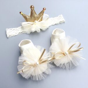 Girls Cute Lace Mesh Crown Headband And Socks Set