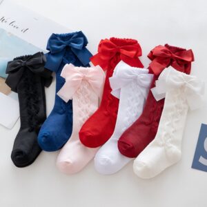 Girls Basic Solid Color Double Bow Knee-length Loose Socks