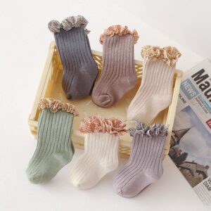 Girls Simple Solid Color Plaid Spliced Socks