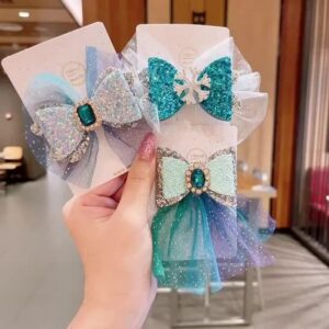 Girls Snow Crown Hairpin Snowflake Bow Ribbon Hairpin Blue Crystal Net Yarn Hair Accessory