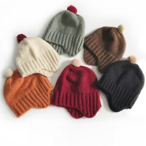 Kids Solid Color Warm Ear Protection Pompon Knitted Hat