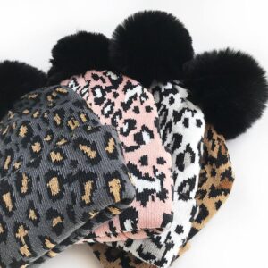 Kids Autumn And Winter Leopard Printed Knitted Hat With Plush Ball Decoration