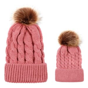 2pcs/set Fashion Pompom Decoration Winter Parent-child Warm Beanie Hats Set
