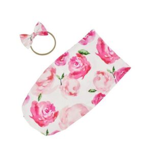 2 Pcs Newborn Flower Print Swaddle Sack With Bow Headband