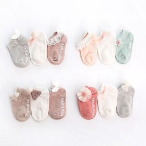 3 Pairs Set Baby Cotton Lace Flower Design Ankle Short Socks