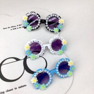 Kids Fashion Holiday Cute Personality Flower Pearl Letter Round Frame Sunglasses