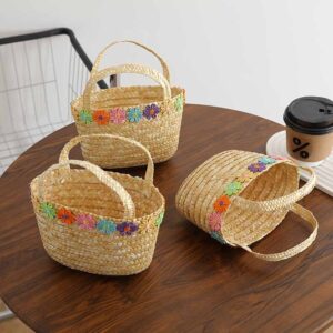 Kids Girls Casual Cute Flower Straw Woven Handle Bag